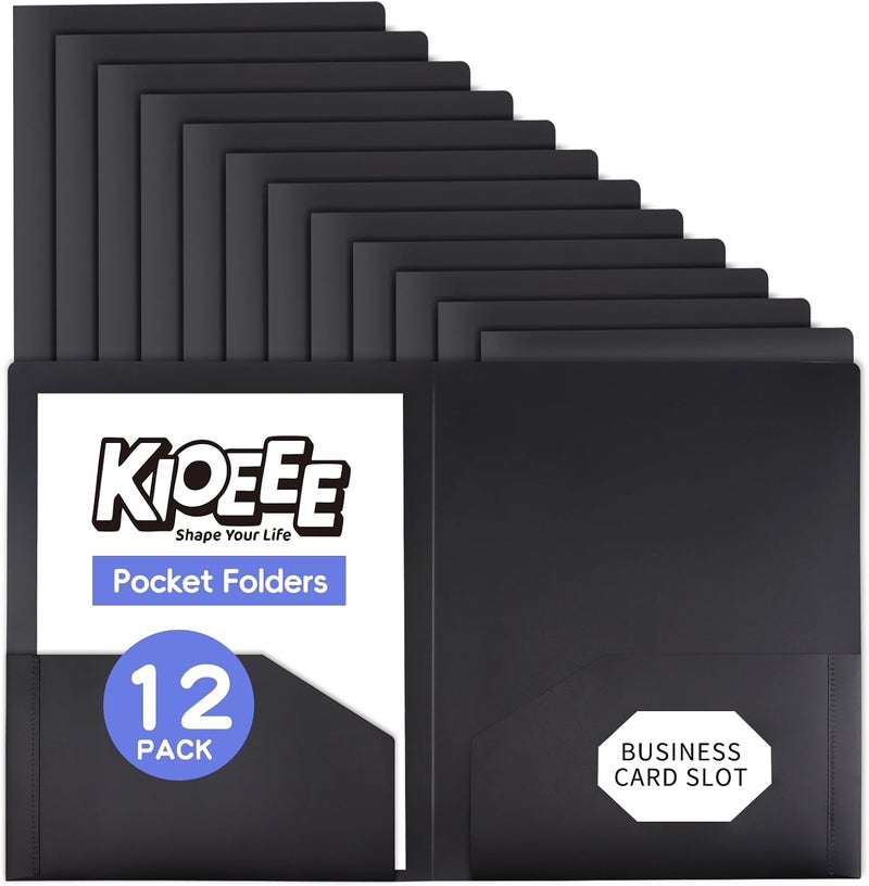KIOEEE Plastic Folders with Pockets (12 Pack), Heavy Duty Plastic Folders with 2 Pocket and Business Card Slot. Fit Letter Size Paper, Black for School - Image 1